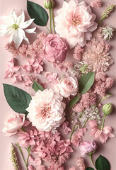 Spring creative soft concept of fresh Spring flowers and roses. Holidays in which women receive surprise and bouquet of flowers. Pastel pink flat lay background. Illustration. Generative AI.