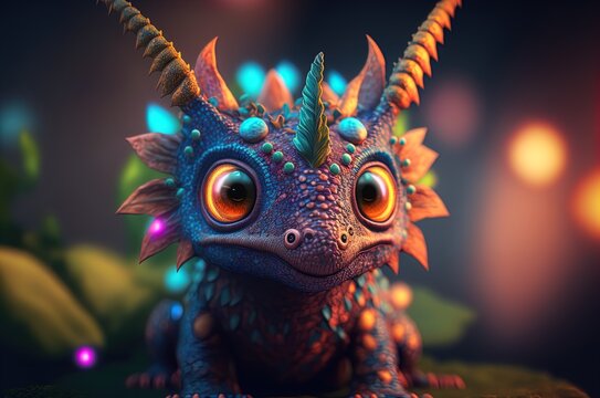 Baby colorful dragon. Mythology creature. Dark fantasy illustration. Generative AI.