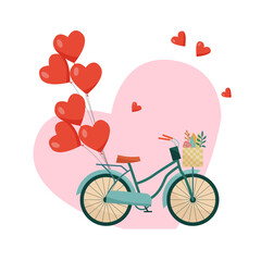 Romantic postcard. Retro bike with heart balloons