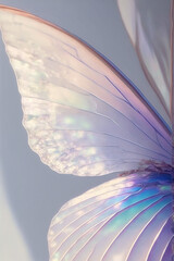 Close up illustration of beautiful, elegant butterfly wings, soft purple iridescent color. Spring background. Illustration. Generative AI.