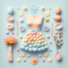 Pastel, Spring, Easter flat lay concept of holiday table. A dress made of painted colorful eggs, egg and flowers. Pastel blue background. Illustration. Generative AI.