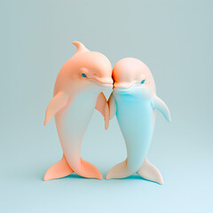 A cute, little two dolphins hug each other, a symbol of love. Pastel, creative, animal concept. Valentine's Day, dolphin couple in a pet relationship. Illustration. Generative AI.