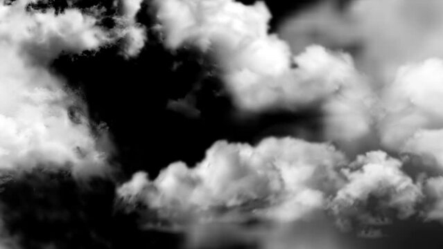 Fly through clouds animation on black background, Reveal through clouds concept, Clouds animation on chroma key, Animated clouds moving on black screen, 4K chroma key animation, 3d render
