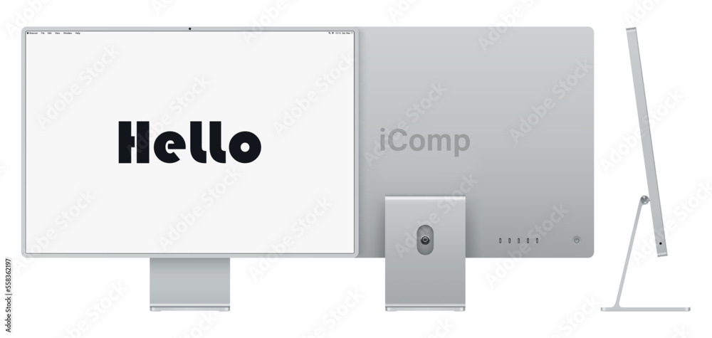 Poster computer display silver color with blank screen front, back and side view isolated on white backgrou