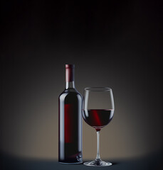 Obraz na płótnie Canvas Bottle of red wine and wineglass over dark background, reflexions, copy space, 3D illustration
