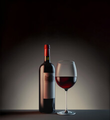 Fototapeta na wymiar Bottle of red wine and wineglass over dark background, reflexions, copy space, 3D illustration