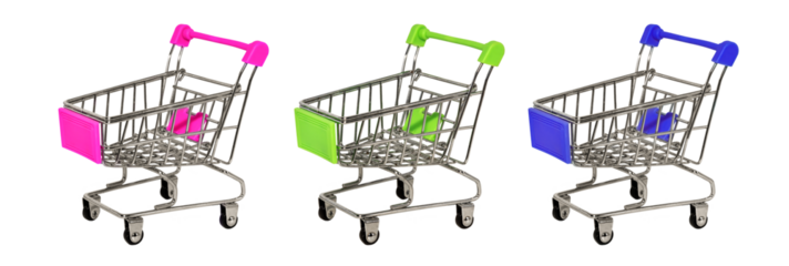 Small multi-colored baskets on wheels for shopping in a store or supermarket