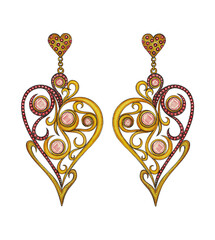 Jewelry design art vintage mix heart earrings. Hand drawing and painting on paper.