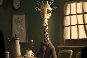 Giraffe working as a waiter in a cafe. Generative AI.