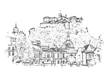 Fototapeta premium Salzburg city and fortress, pencil style sketch illustration.