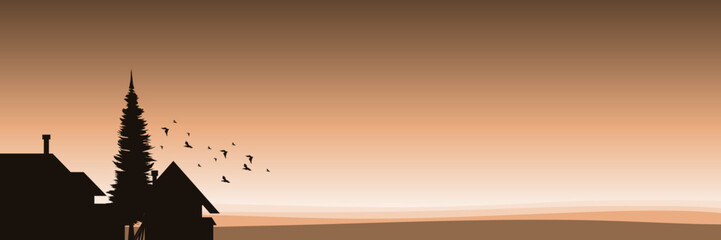 countryside houes sunset landscape vector illustration good for wallpaper, background, backdrop design, and design template