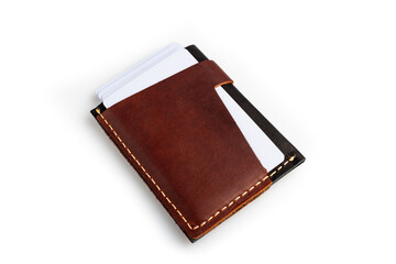 Brown leather wallet with blank cards, isolated on white background