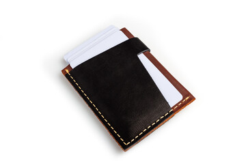 Black leather wallet with blank cards, isolated on white background