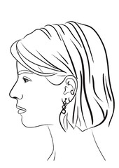 Illustration d’un portait d’une jeune fille vu de profil aux cheveux mi-courts. Dessin simple trait noir sur fond blanc. Image lier à la femme, au cosmétique et aux bijoux, icône de marque de luxe