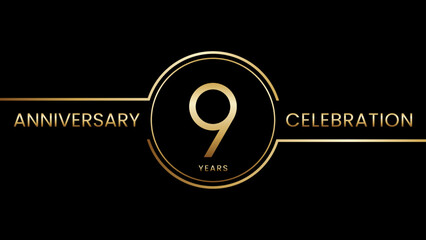 9th anniversary. Anniversary template design with golden text and ring. Logo Vector Template