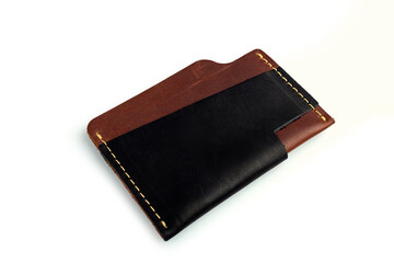 Black leather wallet with blank cards, isolated on white background
