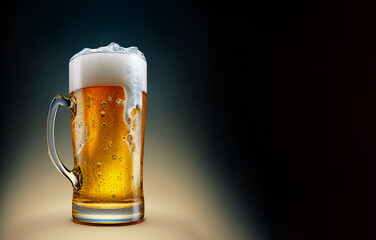 Mug with cold beer on table, dark background, close up, copy space, 3d illustration