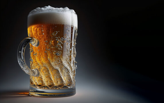 Mug with cold beer on table, dark background, close up, copy space, 3d illustration