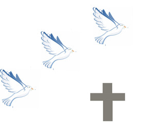 Gone too soon and rest in peace text with three doves flying above a cross