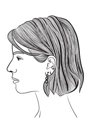Illustration d’un portait d’une jeune femme vu de profil, ces cheveux mi-courts sont d’avantage plus détaillée. Dessin simple trait noir. Image lier à la femme et aux bijoux, icône de marque de luxe