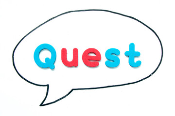 Alphabet letter with word quest in black line hand drawing as bubble speech on white board background