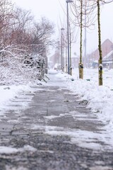 A portrait of a cleared sidewalk from snow made of stone tiles. The walk way is still covered with some frost and ice. If not cleared, the pavement is dangerous and slippery for pedestrians.