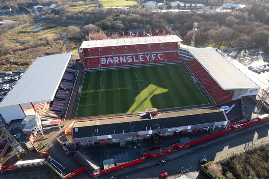 Barnsley FC Football Club Oakwell Stadium from above drone aerial view blue sky