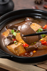 Spicy duck blood jelly soup and stinky tofu with scallion and chili pepper topping.