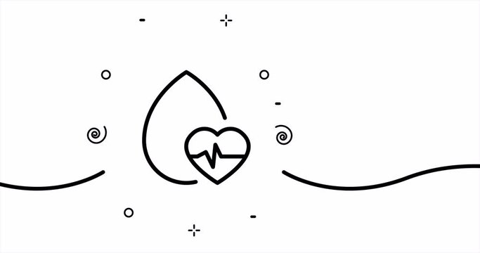 Heart with a drop. Cardiogram, water balance, pulse, pressure, pills, heart attack, stroke, disease, healthy lifestyle. One line drawing animation. Motion design. Animated technology logo. Video 4K.
