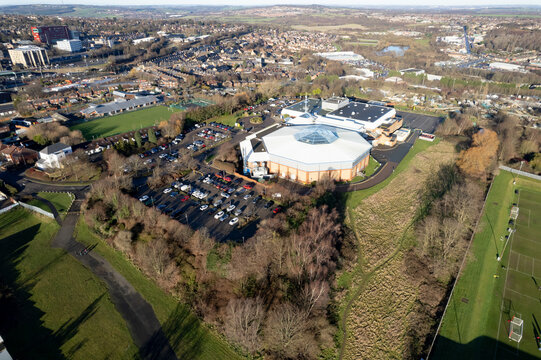 Barnsley FC Football Club Oakwell Stadium from above drone aerial view blue sky