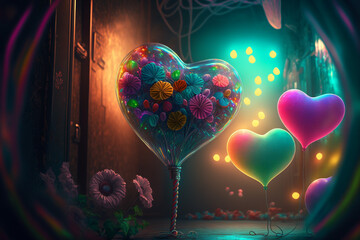 Colorful heart and flowers balloons. Generative AI