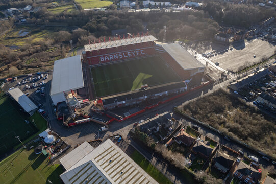 Barnsley FC Football Club Oakwell Stadium from above drone aerial view blue sky