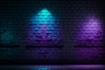front view from an old grunge brick wall with an color light gradient from purple to cold blue, 3d octane render