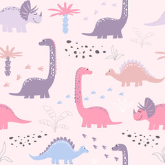 Vector childish seamless pattern with colorful dinosaurs, palm trees, footprints, stone on a pink background. Ideal for baby clothes, textiles, wallpaper, wrapping paper.