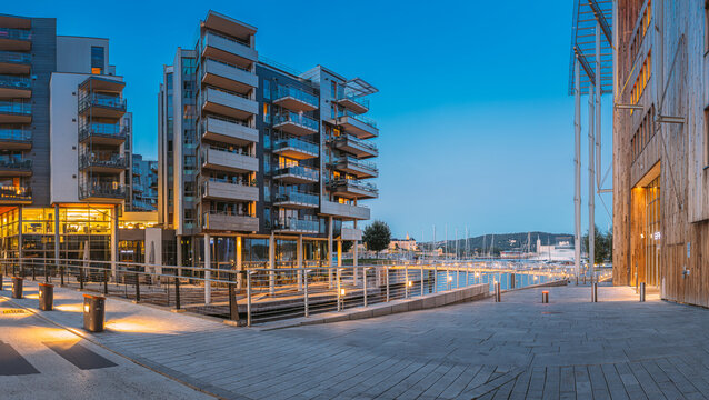 Oslo, Norway - June 23, 2019: Night View Of Residential Multi-storey Houses In Aker Brygge District. Summer Evening. Residential Area. Famous And Popular Place. Panorama.