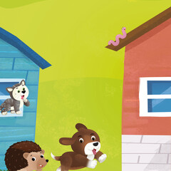 cartoon farm ranch animals houses illustration