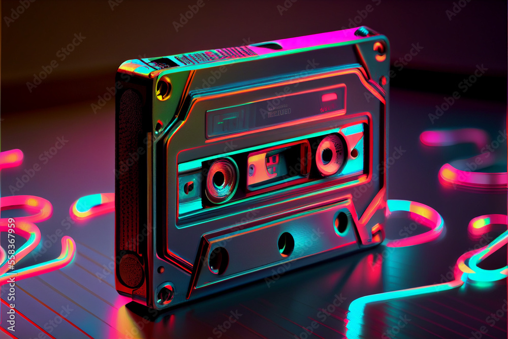 Poster beautiful audio cassette tape in neon light.minimalism retro style concept. 80s. background pattern 