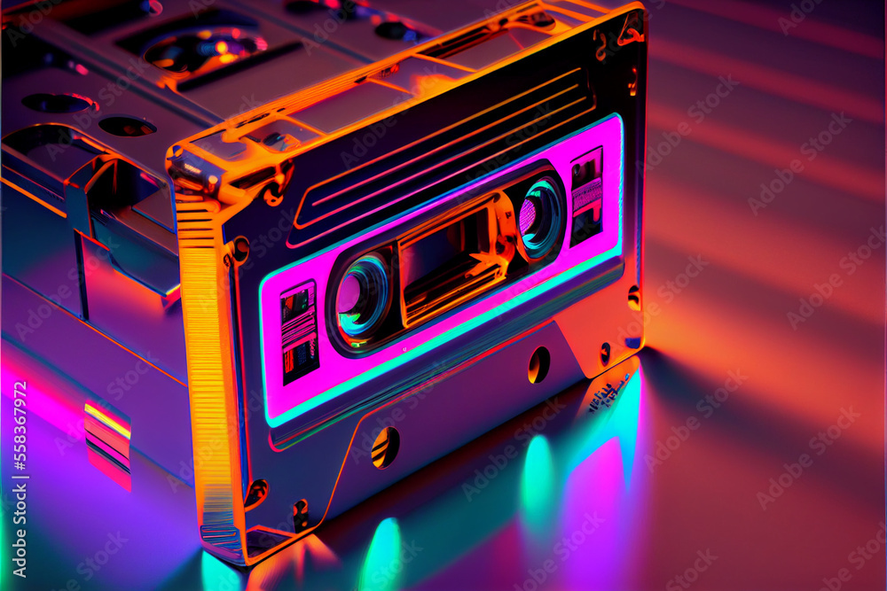 Poster beautiful audio cassette tape in neon light.minimalism retro style concept. 80s. background pattern 