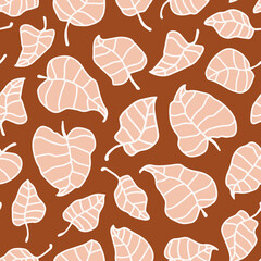Abstract leaves seamless repeat pattern. Random placed, vector botanical all over surface print on brown background.