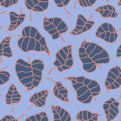 Fototapeta premium Abstract leaves seamless repeat pattern. Random placed, vector botanical all over surface print on blue background.