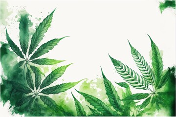 Watercolor decorative frame with blossom green cannabis hemp leaves on white background. Generative ai illustration.