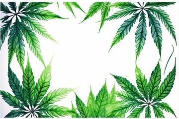 Naklejka na ściany i meble Decorative frame with blossom green cannabis hemp leaves on white background. Generative ai illustration.