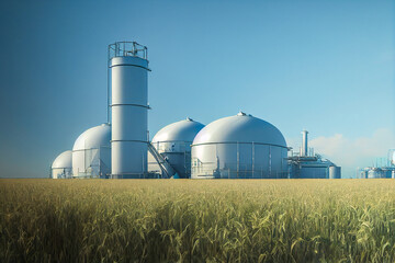 Fototapeta na wymiar Biogas plant with grain field in the foreground, generative ai illustration
