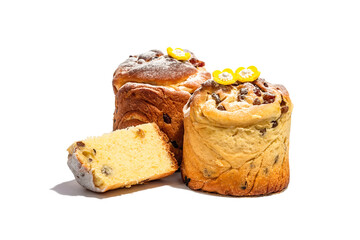 Easter cake Cruffin or sweet bread kulich and traditional painted eggs. Baking and cherry flowers