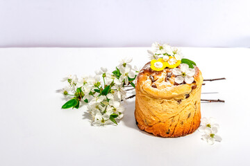 Easter cake Cruffin or sweet bread kulich and traditional painted eggs. Baking and cherry flowers