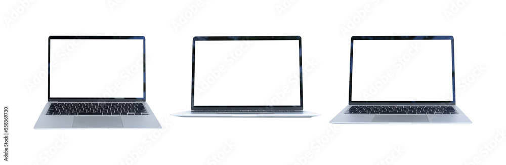 Poster set of laptop in various perspective. display laptop with blank white screen mockups