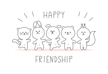 Hand-drawn vector illustration of cute animals. Happy friendship. Hare, bear, cat, dog, squirrel in doodle style.