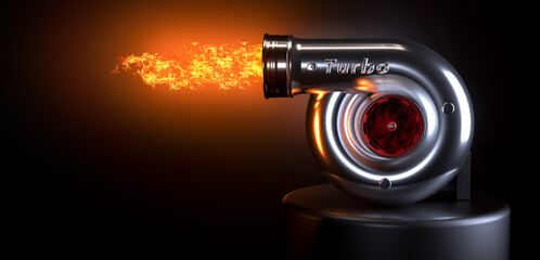 Turbocharger with a fire on dark background with red spin 3D rendering
