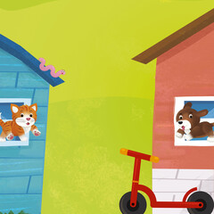 cartoon farm ranch animals houses illustration