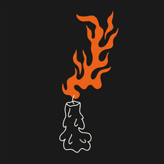 Burning candle with a huge flame on a black background. retro poster. Flat design, cartoon hand drawn, vector illustration.